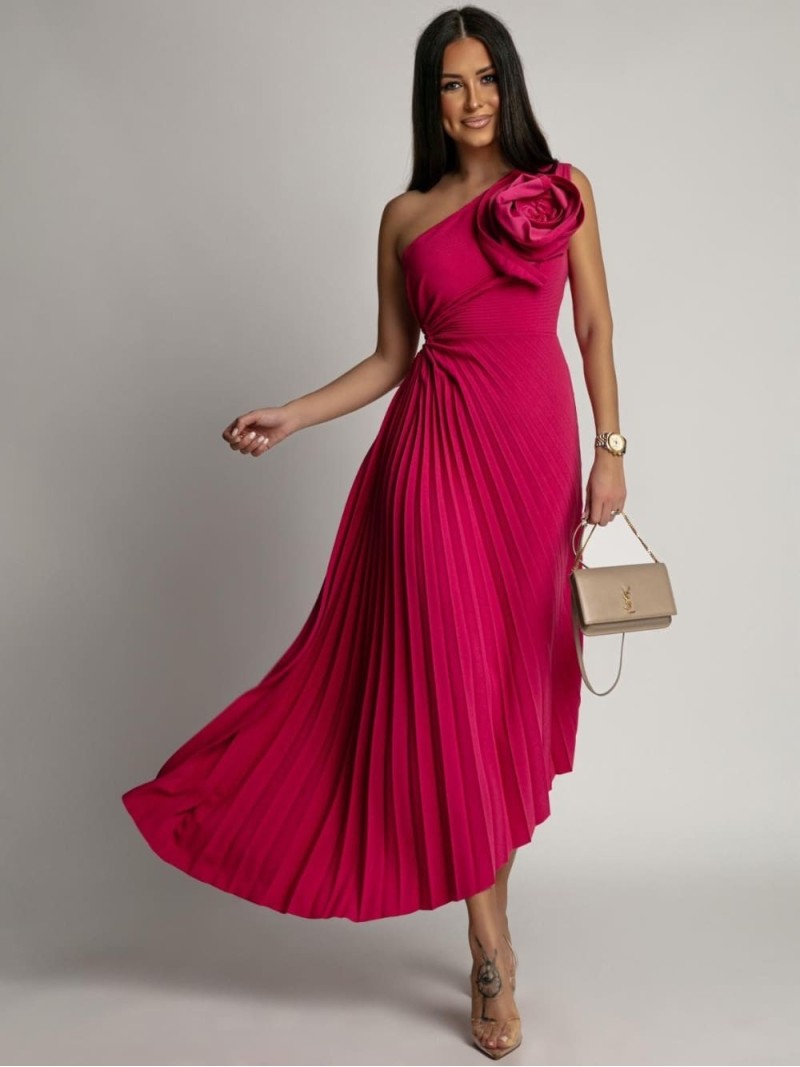 Elegant pleated dress with a flower, dark pink AZRHP6987